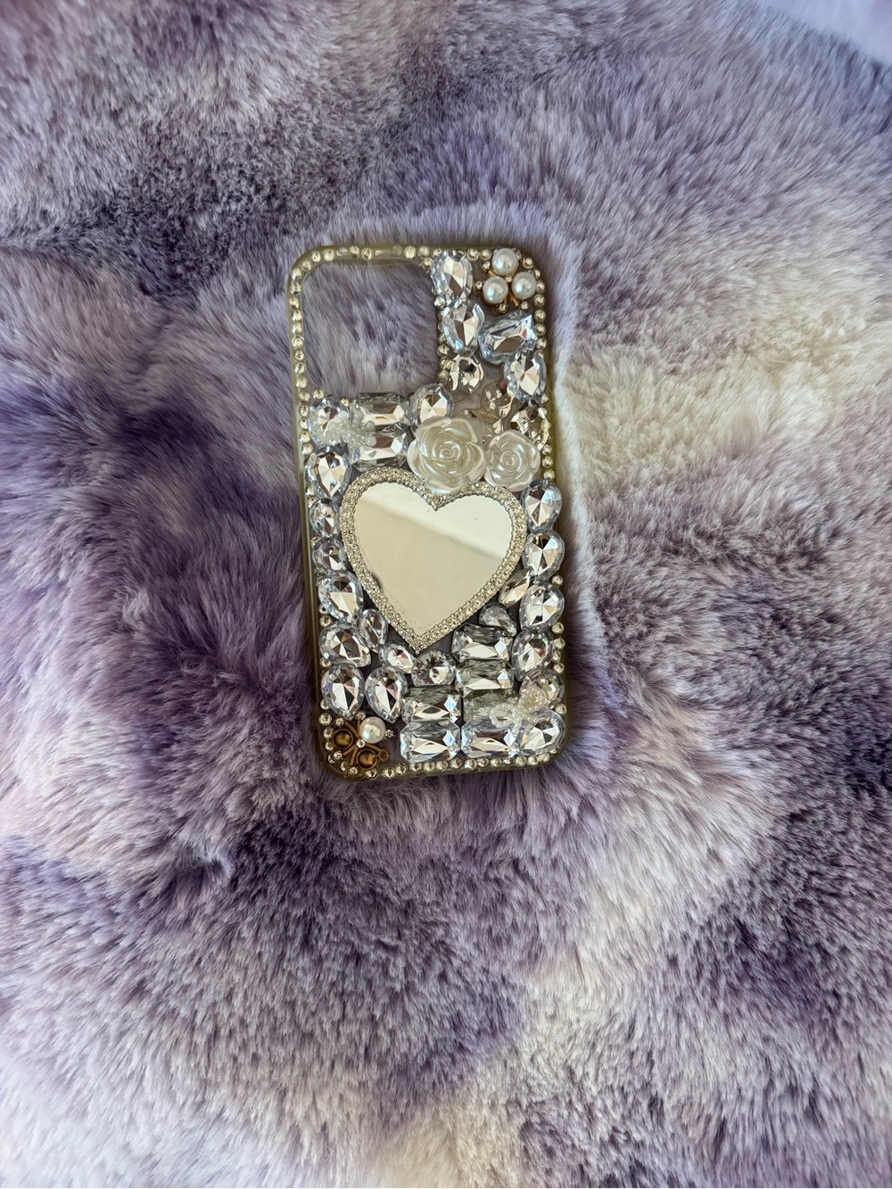 Clear Bling Heart Phone Case with Rhinestones - Gold Accents iPhone 15 Pro